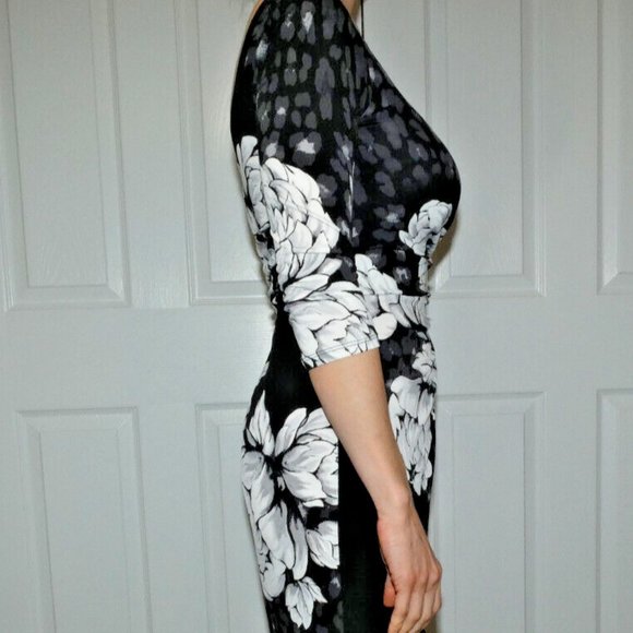Dress Black White Floral Sheath Career Office Cocktail Party Date Night Size 2 - Picture 6 of 11